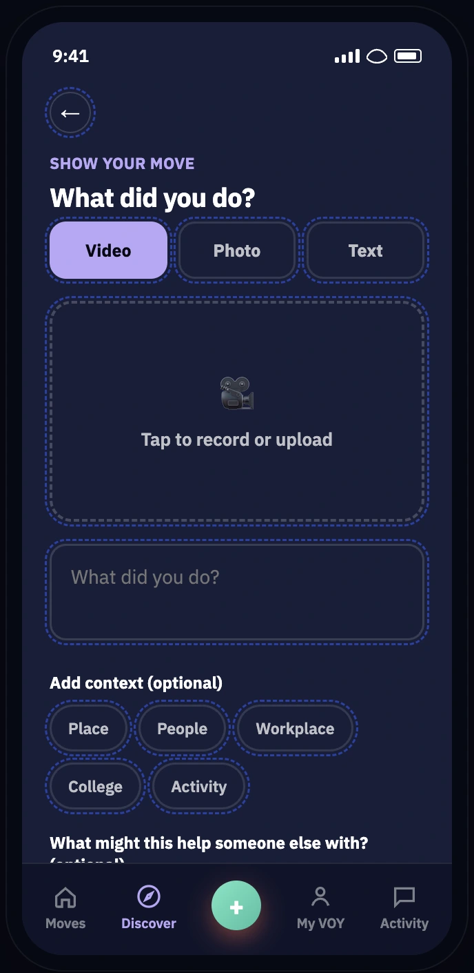 MOVOY Show Your Move screen with video, photo, text, and context options.