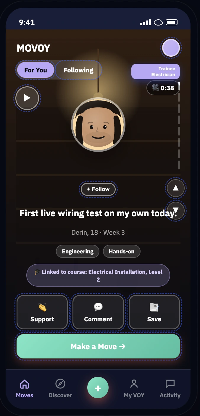 MOVOY Moves feed featuring a student sharing a live wiring test.