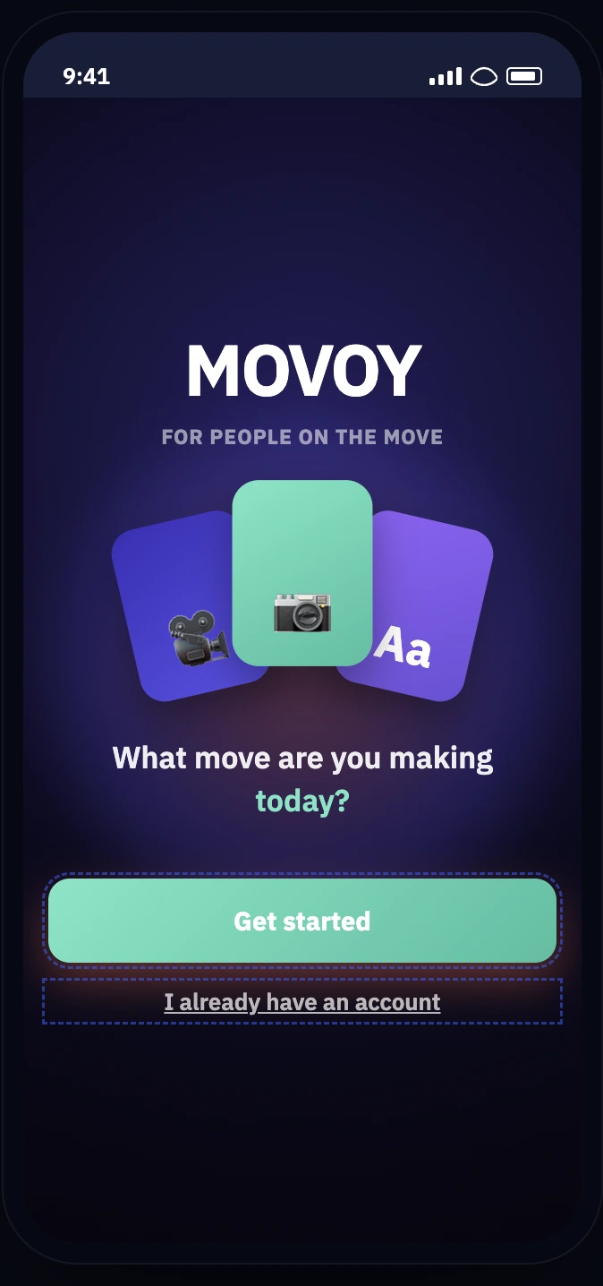 MOVOY welcome screen asking, “What move are you making today?”